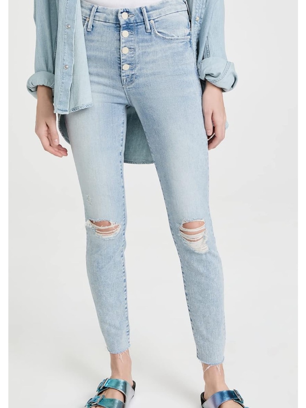 MOTHER Women's The Pixie Ankle Fray Jeans, Action Shot, Blue, 28